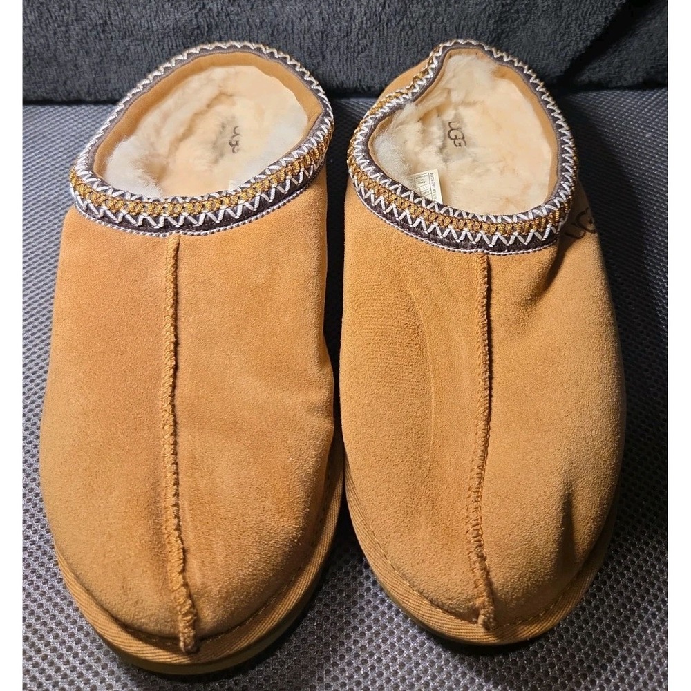 UGG Womens Size 11 Chestnut Suede Slippers Shearling Lined Embroidered Trim